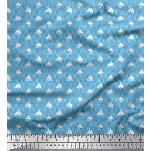 Soimoi Blue Moss Georgette Fabric Yacht & Waves Nautical Printed Craft Fabric by the Yard 44 Inch Wide