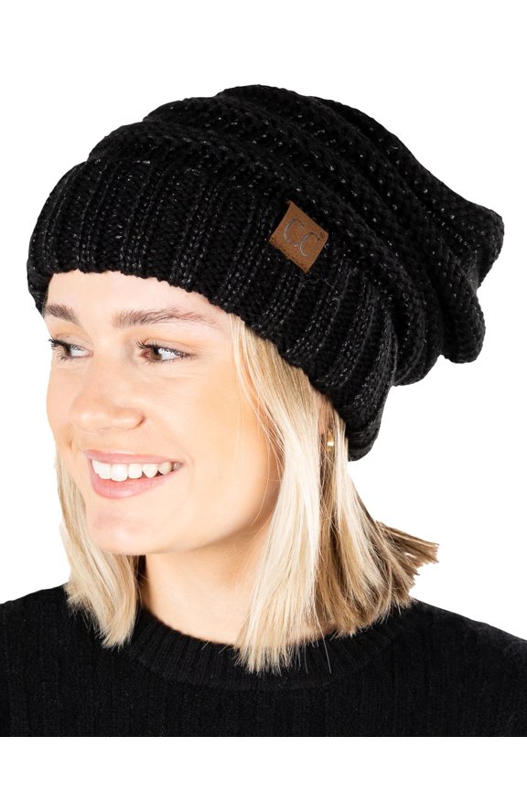 Slouchy Beanie for Women  Warm Winter Hat, Soft Chunky Cable Knit Oversized Slouch Beanies for Cold Weather, Cozy Stylish Fashion Hats - Black Metallic