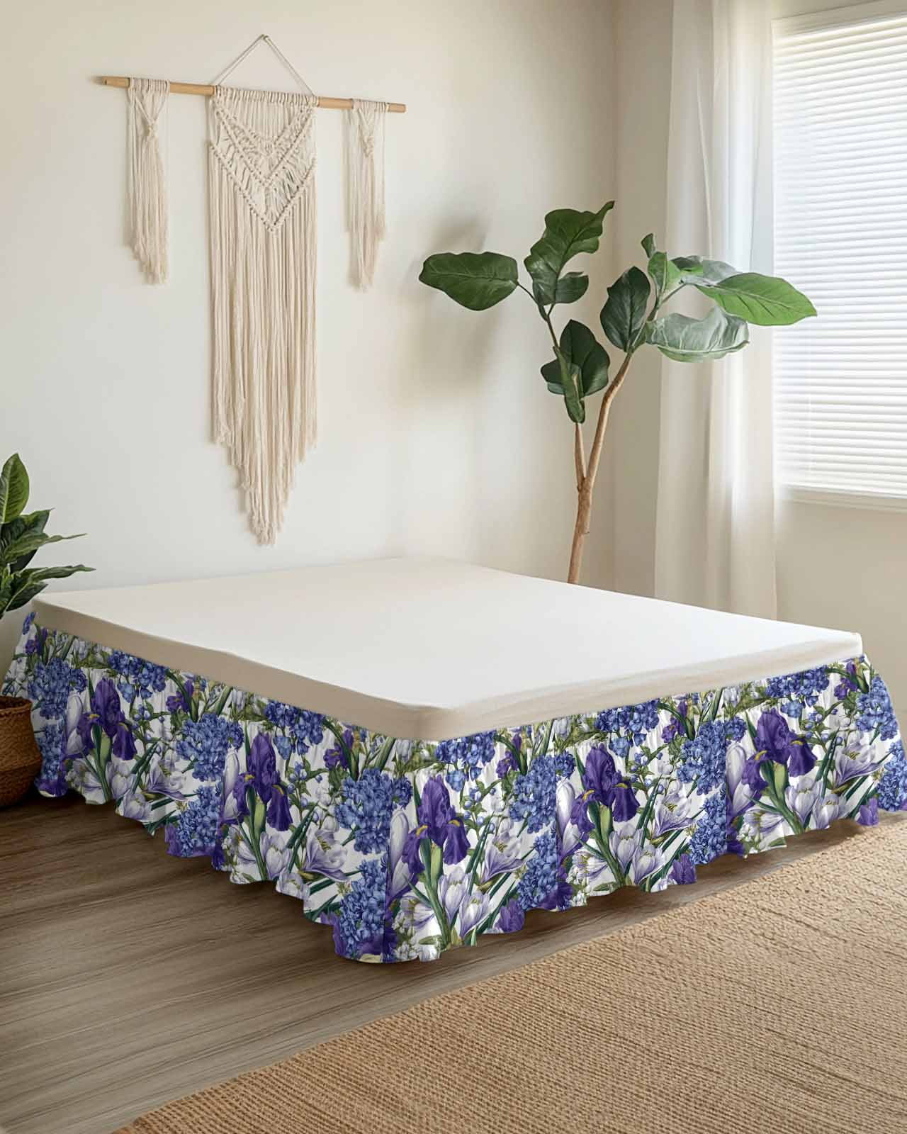 Spring Flower Bed Skirt Queen Size 16 Inch Drop, Retro Blue Hydrangea Purple White Floral Green Leaf Adjustable Elastic Dust Ruffles Bedskirt for Queen Bed Wrap Around Pleated Mattress Frame Cover