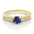 thumbnail image 2 of Gem Stone King 18K Yellow Gold Plated Silver Ring Round Blue Created Sapphire and Moissanite (1.15 Cttw, Size 5), 2 of 5