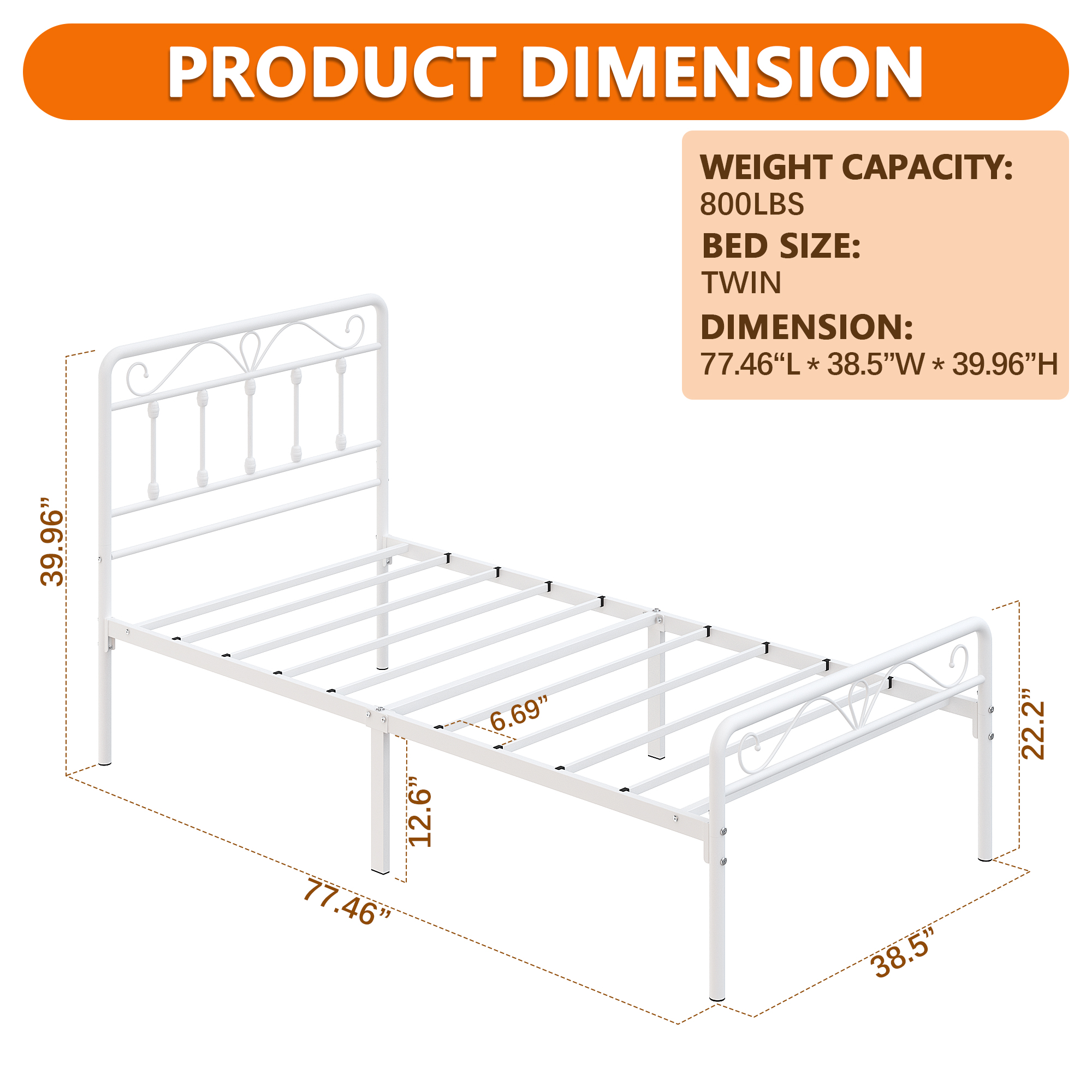 Yoneston Alden Designed Twin Metal Bed Frame with Vintage High Headboard for Kids Girls Boys Bedroom, White