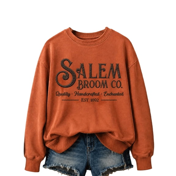 AHMOMEI Halloween Sweatshirts Witch Print Salem Broom Co Sweatshirt Spooky Season Funny Novelty Oversized Fall Winter Holiday Long Sleeve Pullover Tops for Women