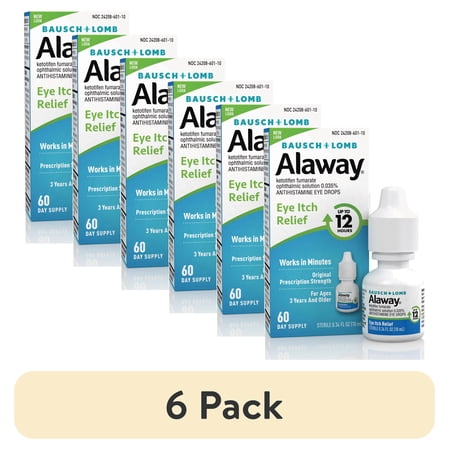 (6 pack) Alaway Allergy Eye Drops for Dry Itchy Eyes with Antihistamine that Works in Minutes, 0.34 fl oz