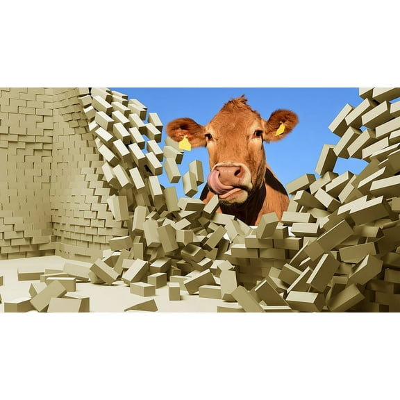 3D Wall Murals Art Decals Decorator-Cow Broke Through the Wall(40" X 22")