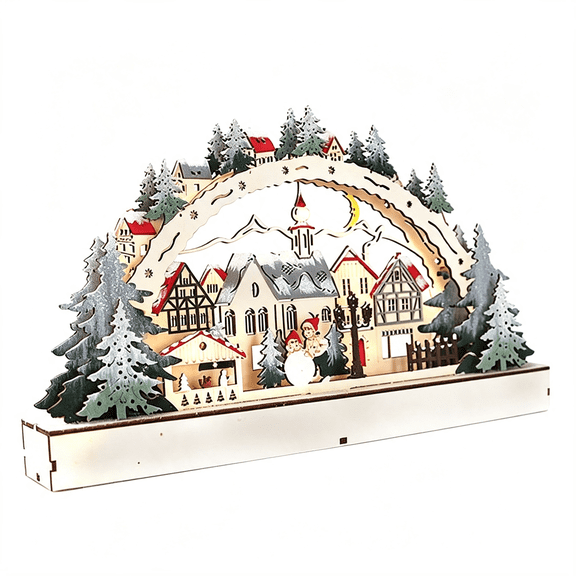 HIBIBUD Christmas Village Decoration Led Light Up, Christmas Houses Village, Christmas Led Light Arch, Made of Wood, Light Up House Ornament 38X5X22Cm