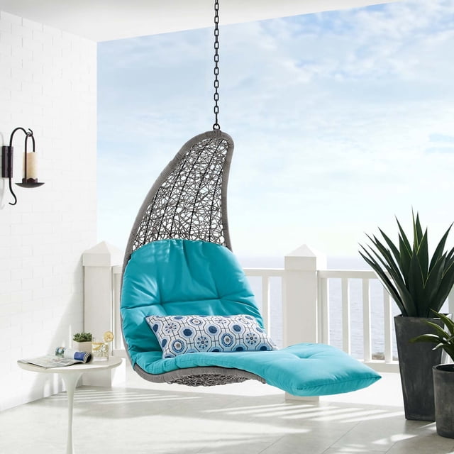 Modway Landscape Hanging Chaise Lounge Outdoor Patio Swing Chair in Light Gray Turquoise