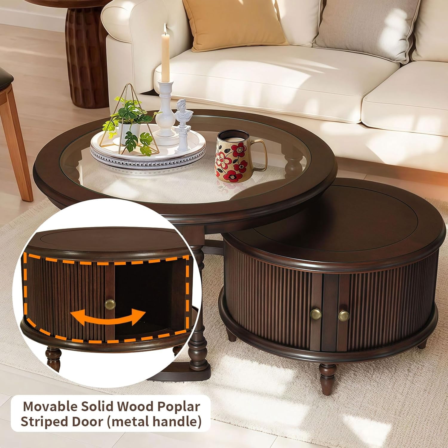 LKTART Nesting Coffee Table for Living Room,Round Tempered Glass Solid Wood Nest Coffee Tables with Storage,Retro Small Accent Center Table