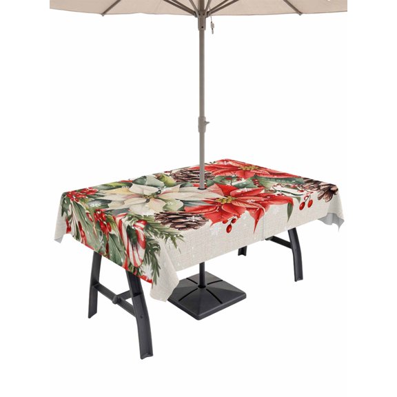 Outdoor Tablecloth with Umbrella Hole and Zipper, Christmas Poinsettia Rectangle Table Cloth 54x80 Inch Waterproof Tablecloth, Xmas Botanical Floral Snowflakes Picnic Table Cover for Patio Camping