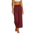 thumbnail image 6 of oiangi Wide Leg Pants Boho Smocked Elastic Waist Trousers Summer Beach Vacation Palazzo Pant with Pockets Wine 2XL, 6 of 9