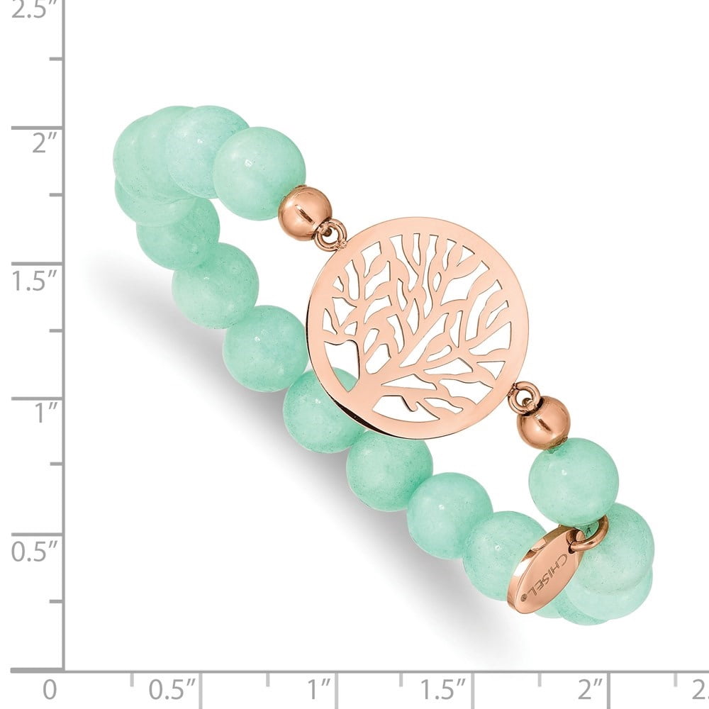 Diamond2Deal Stainless Steel Rose IP-Plated Tree of Life 8mm Green Dyed Jade Beaded Stretch Bracelet for Women 6"