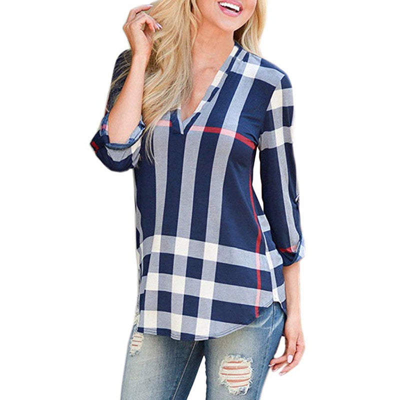 Vista - Women's Casual 2/3 Sleeve V-Neck Plaid Shirts Pullover Top ...