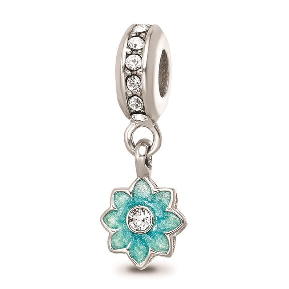 Reflection Beads Sterling Silver White Crystals Teal Enamel Flower Dangler Charm