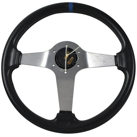 Ikon Motorsports Compatible with 350MM PVC 6 Hole Steering Wheel Deep Dish Silver Spoke Blue Ring & Black Emblem