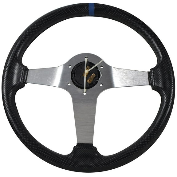 Ikon Motorsports Compatible with 350MM PVC 6 Hole Steering Wheel Deep Dish Silver Spoke Blue Ring & Black Emblem