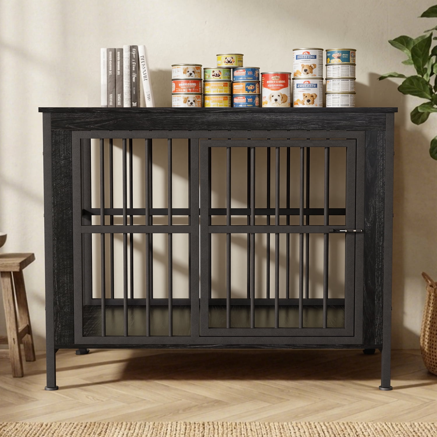 Ironovahome 40" Dog Crate Furniture for Medium/Large Dogs, Heavy Duty Wooden Dog Crate with Double Doors & Safe Locks, XL Large Indoor Dog Kennel Pet House, Black