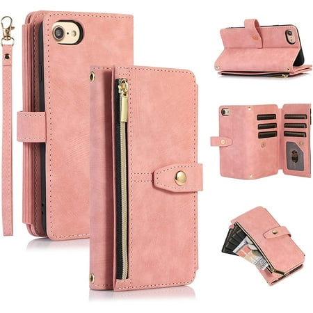 ANTHOUSE Wallet Case for iPhone 7 Plus iPhone 8 Plus, Retro 9 Card Slots Zipper Pocket Handbag Case PU Leather Magnetic Closure Kickstand with Wrist Strap TPU Flip Case - Brown