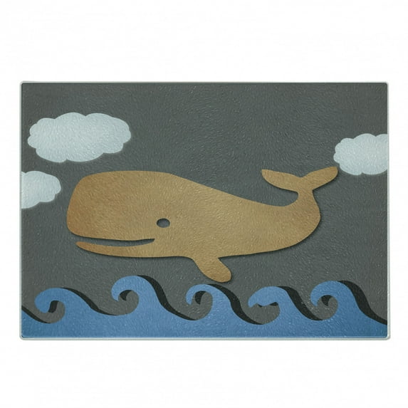 Whale Cutting Board, Wooden Like Design Whale on the Air Paper Based Mammal Image Print, Decorative Tempered Glass Cutting and Serving Board, Small Size, Grey Blue and Brown, by Ambesonne