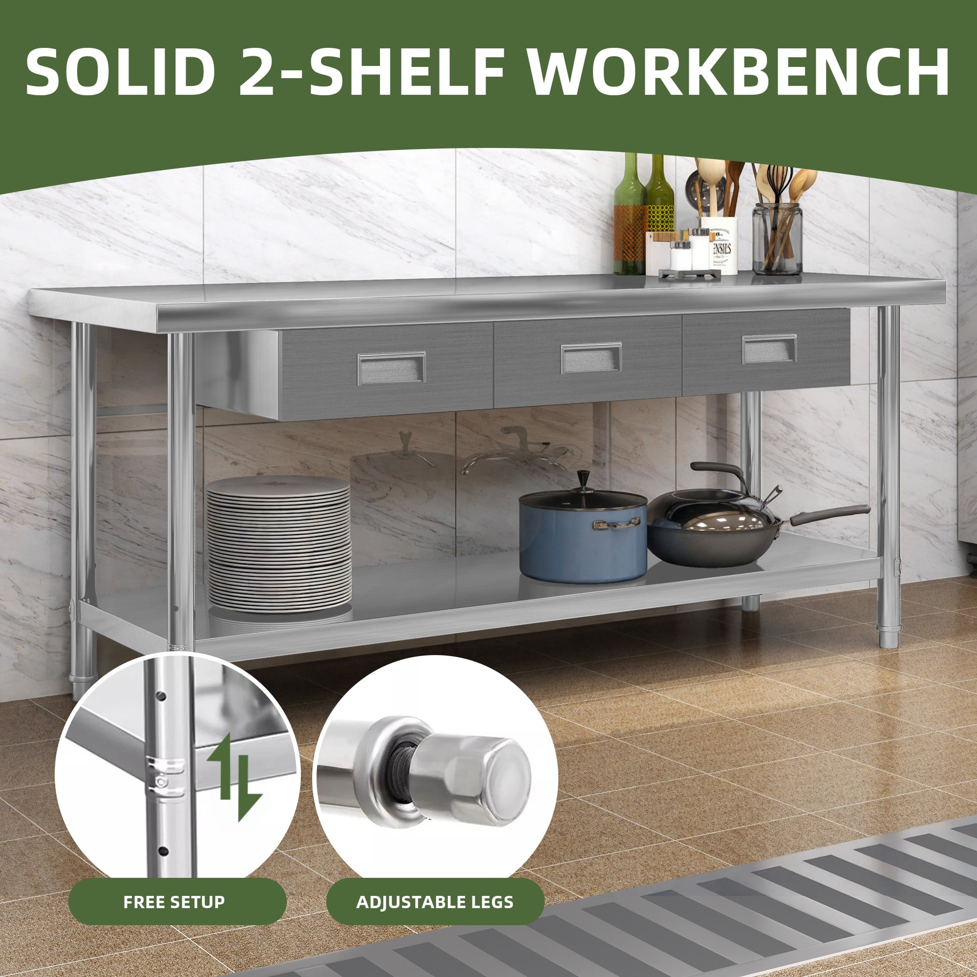 Uforic 72" x 24" Stainless Steel Work Table with 3 Drawers, Adjustable Storage Shelf, Heavy-Duty NSF Prep Table for Kitchen, Restaurant