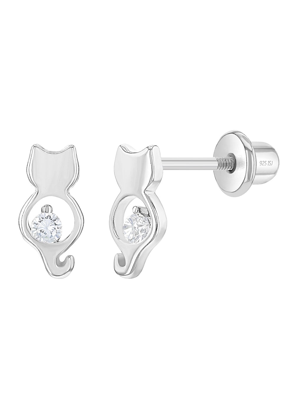 CZ Kitty Friend Baby / Toddler / Kids Earrings Screw Back - Sterling Silver