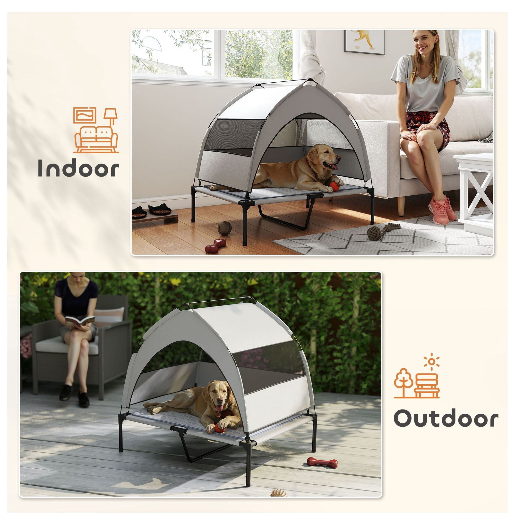 Elevated Dog Bed with Canopy, Portable Outdoor Dog Cot with Cooling Pad, 36x29.5x35in