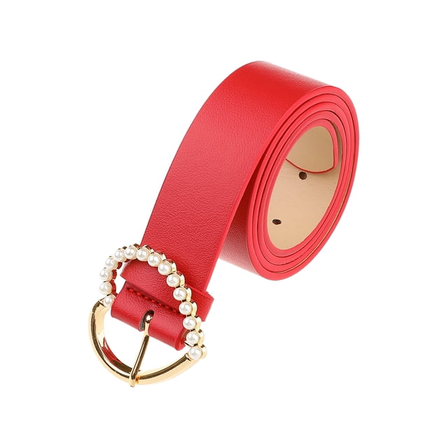 CINTURÓN CHIC Inspirador para Mujeres con Hebilla en Forma de Corazón y Perlas, Cinturones con Hebilla Engastada, Cinturón de Color Sólido para Vestido 40.6x1.3" Rojo