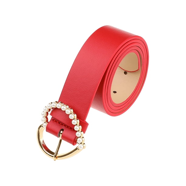 CINTURÓN CHIC Inspirador para Mujeres con Hebilla en Forma de Corazón y Perlas, Cinturones con Hebilla Engastada, Cinturón de Color Sólido para Vestido 40.6x1.3" Rojo