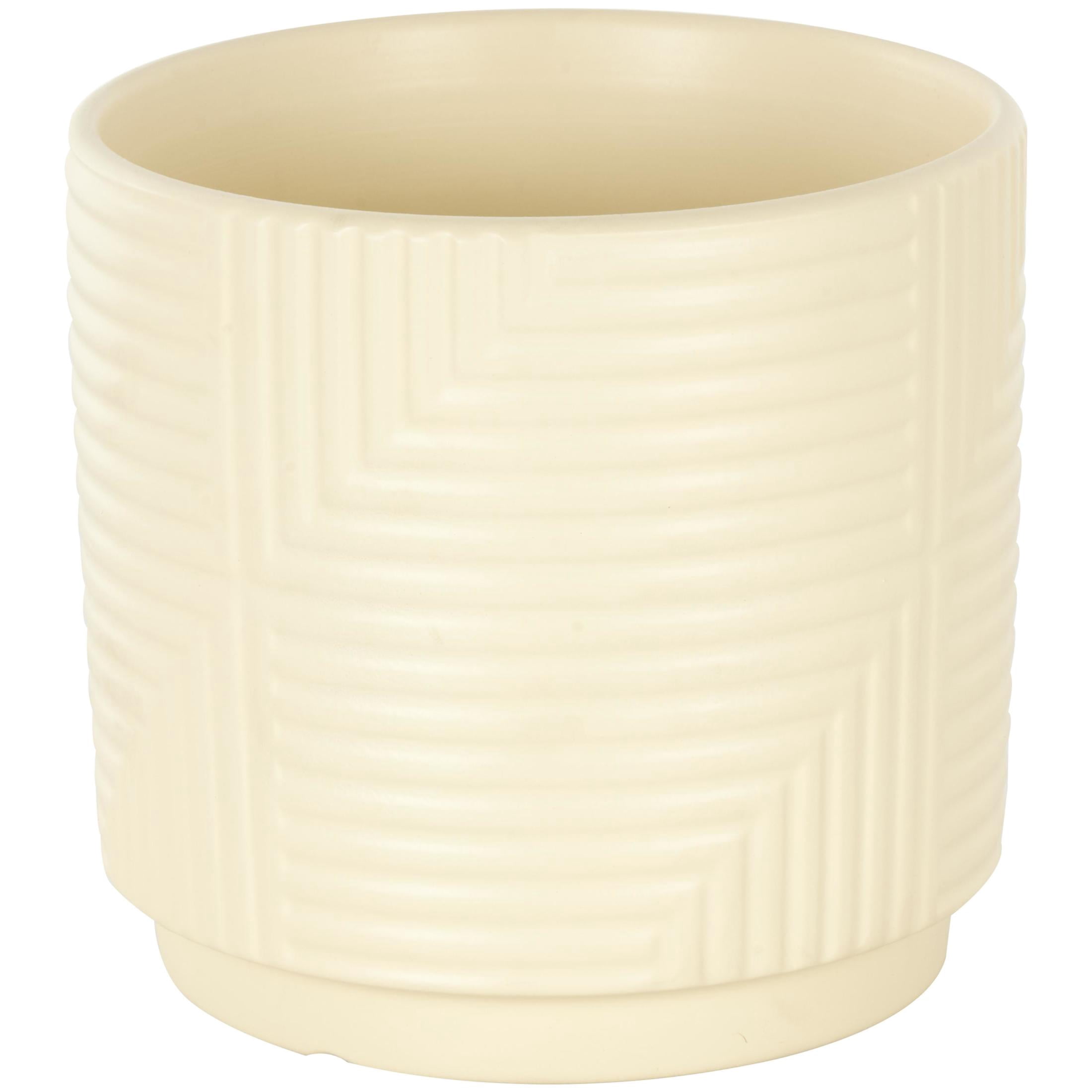 DecMode 7", 6", 5"W Cream Ceramic Geometric Planter with Layered Square Shaped Grooves (3 Count)