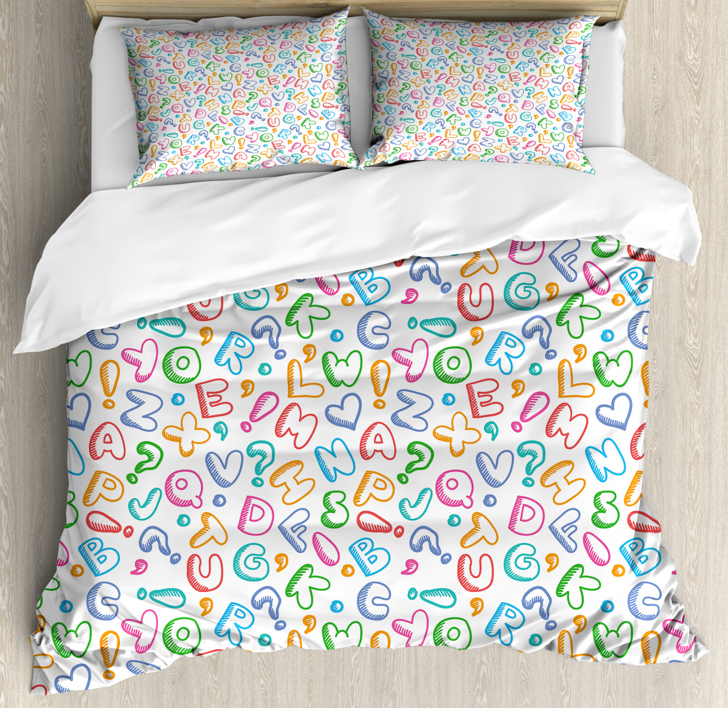 Alphabet King Size Duvet Cover Set, Chubby Letters in Fun Colors Kids