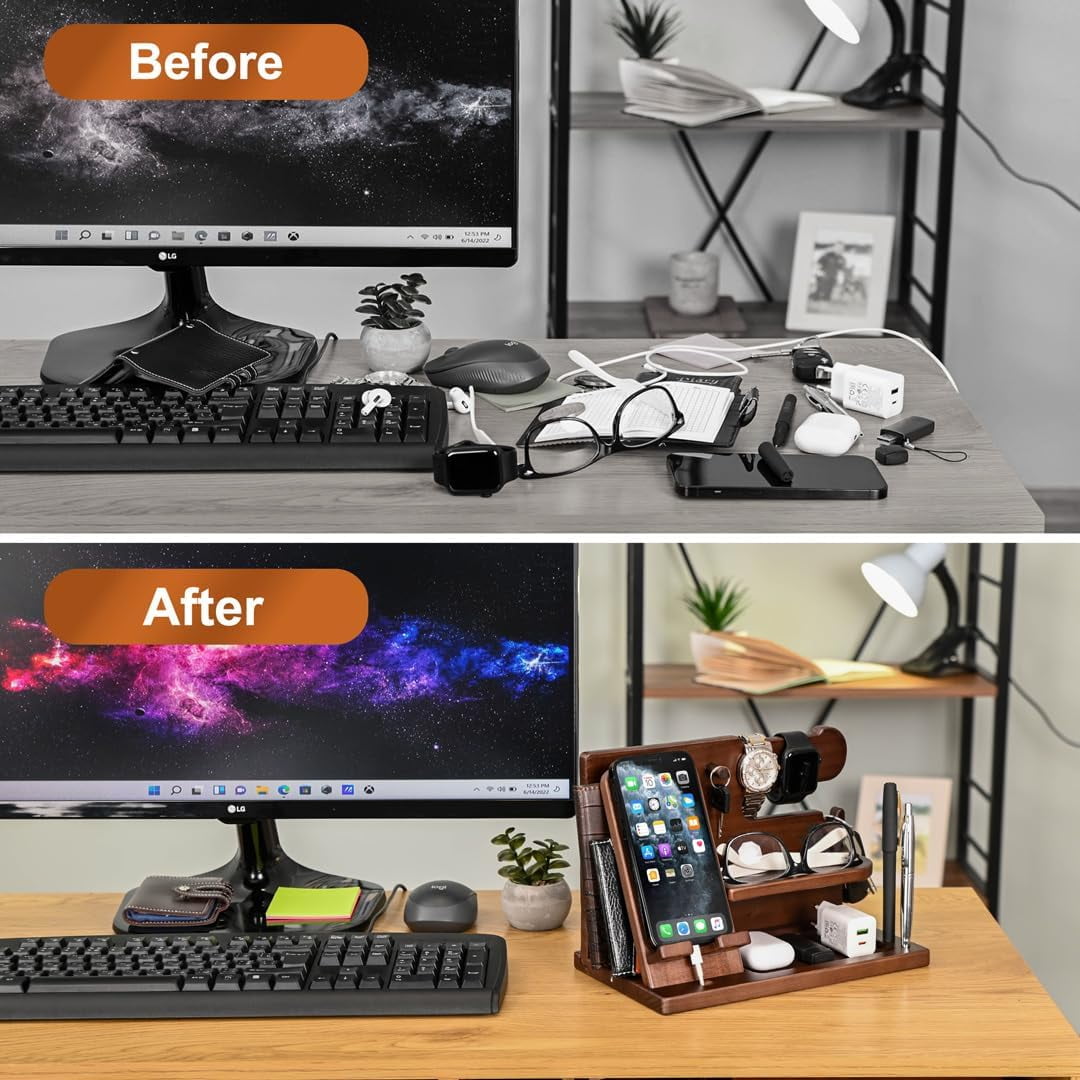 Jowenia Wood Phone Docking Station, Nightstand Key Holder Stand Watch Organizer for Men Gift, Hand Crafted for Dad Mens Organizer Station (Brown)