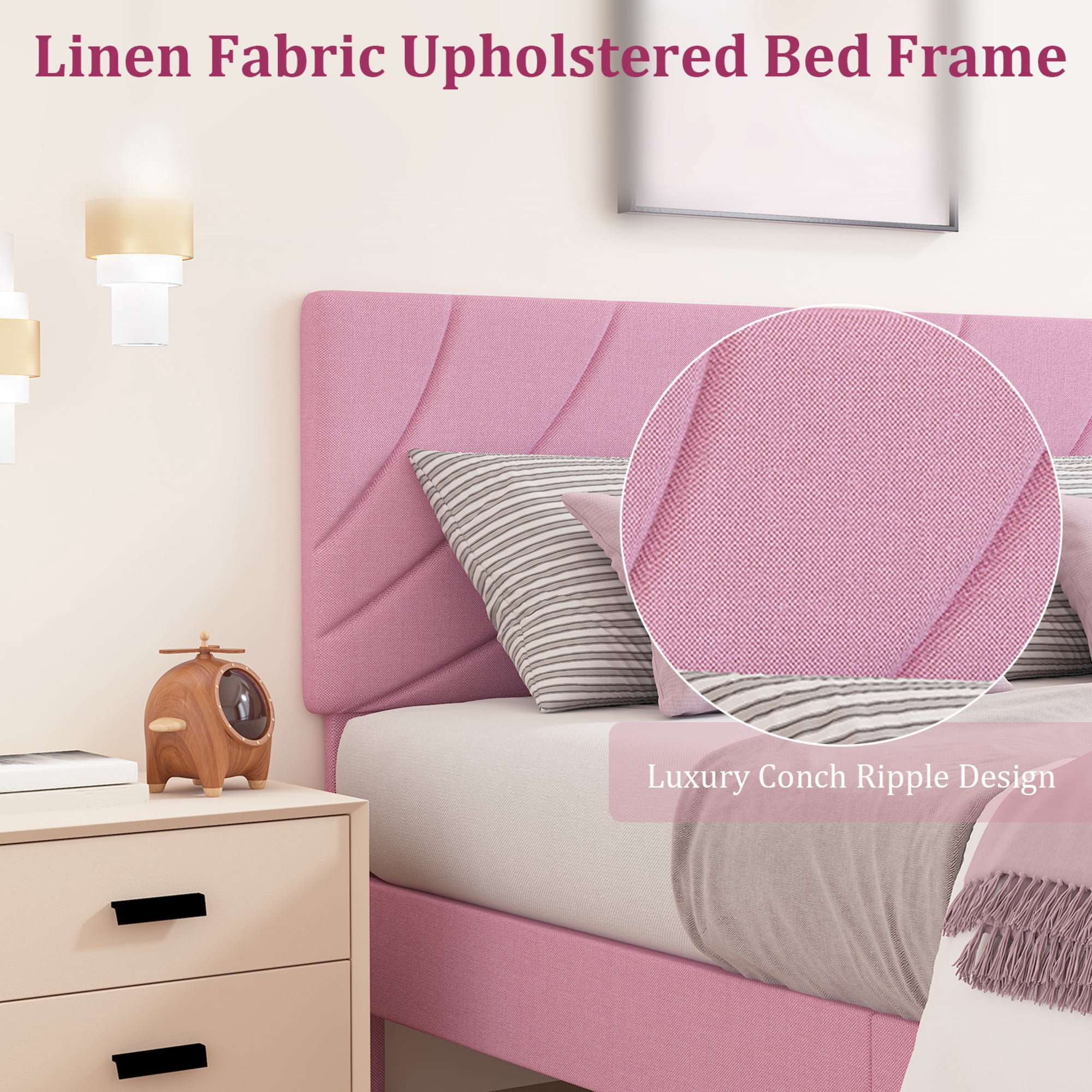 4 EVER WINNER Full Size Bed Frame with Adjustable Headboard, Full Bed Frame with Linen Fabric Upholstered, Strong Wooden Slats, No Box Spring Needed, Noise Free, Easy Assembly, Pink