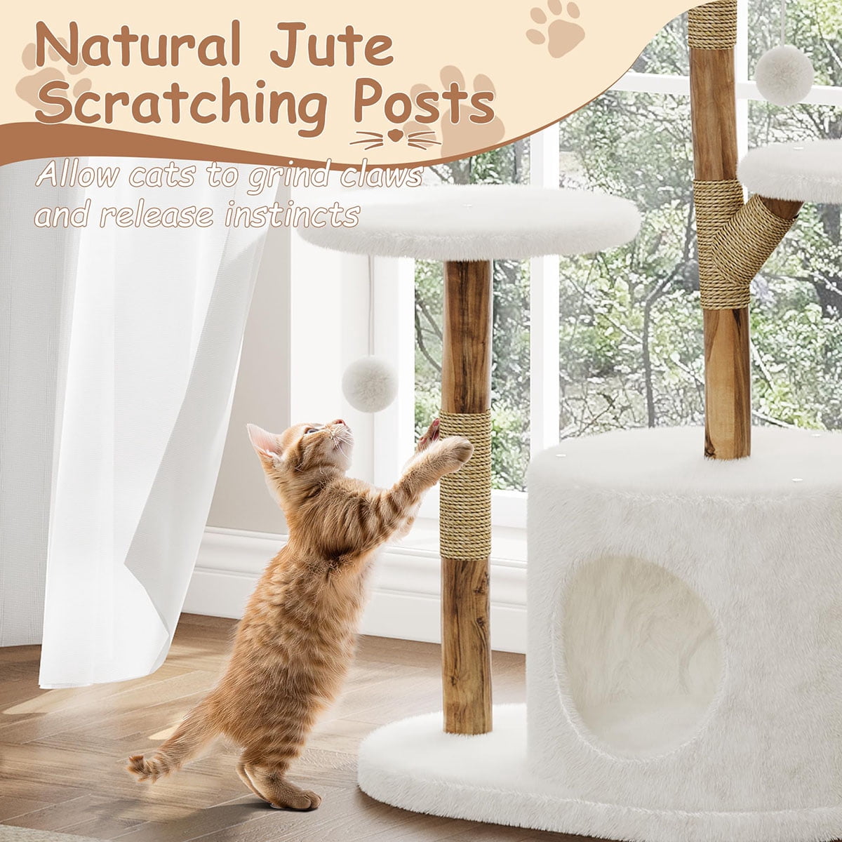 Ataucjin 43" Modern Natural Wood Cat Tree for Cats Aesthetic Cat Tower with Large Basket, Scratching Posts and Real Branch Design, White Luxury Cats Tree