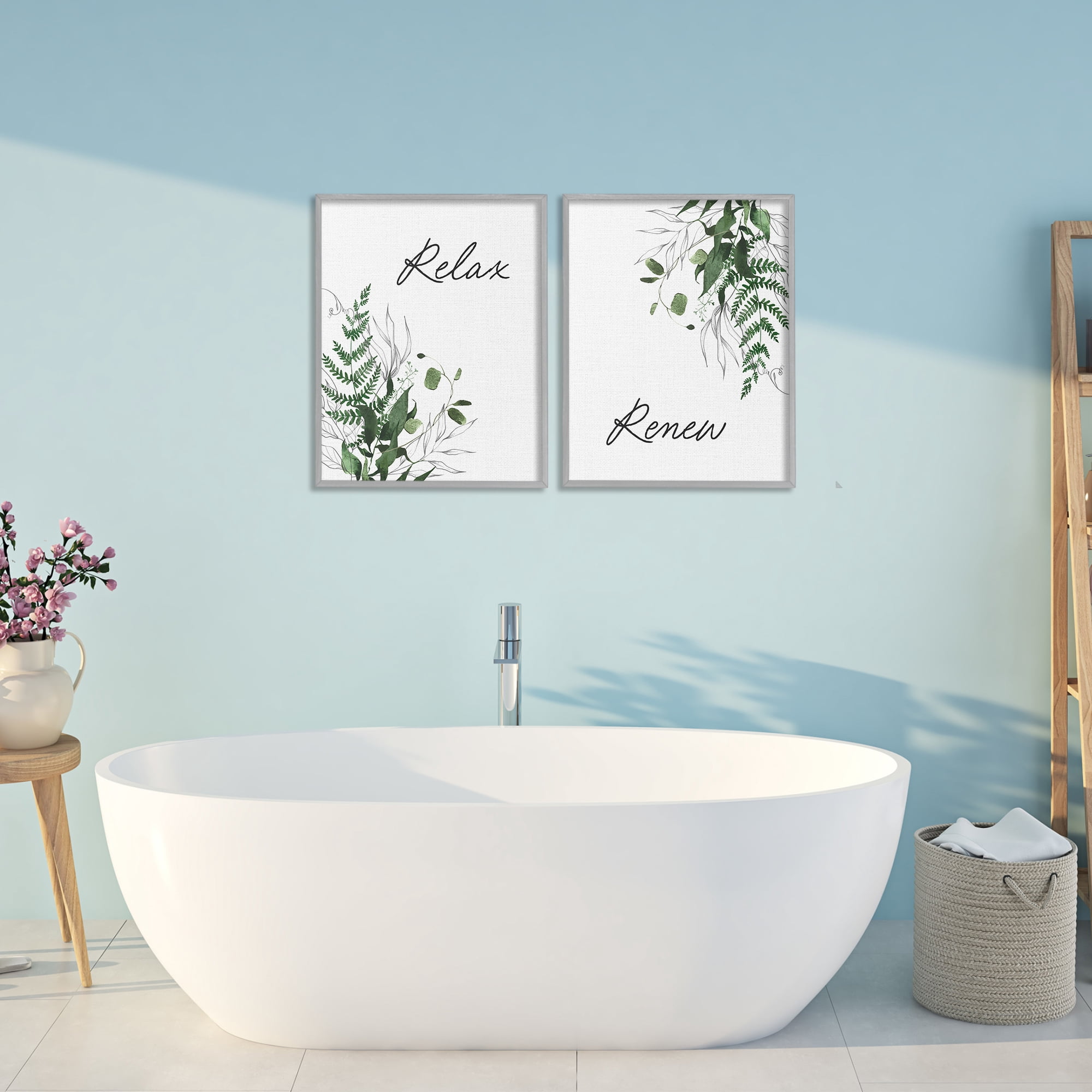 Relax Renew Botanical Leaves 2 Piece Gray Framed Giclee Art Set, design by Lettered and Lined