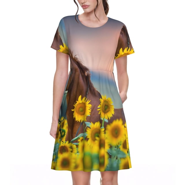 Disketp Horse Sunflowers para Vestido de Manga Corta para Mujeres, Vestidos de Verano para Mujeres, Casual y Holgado para la Playa