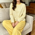 thumbnail image 6 of sdhkgrrt Women's 2 Piece Pajama Set Striped Long Sleeve Round Neck Pullover Tops Wide Leg Pants Casual Outfit Soft Comfy Stretchy Lounge Tracksuit, Yellow 2XL, 6 of 6