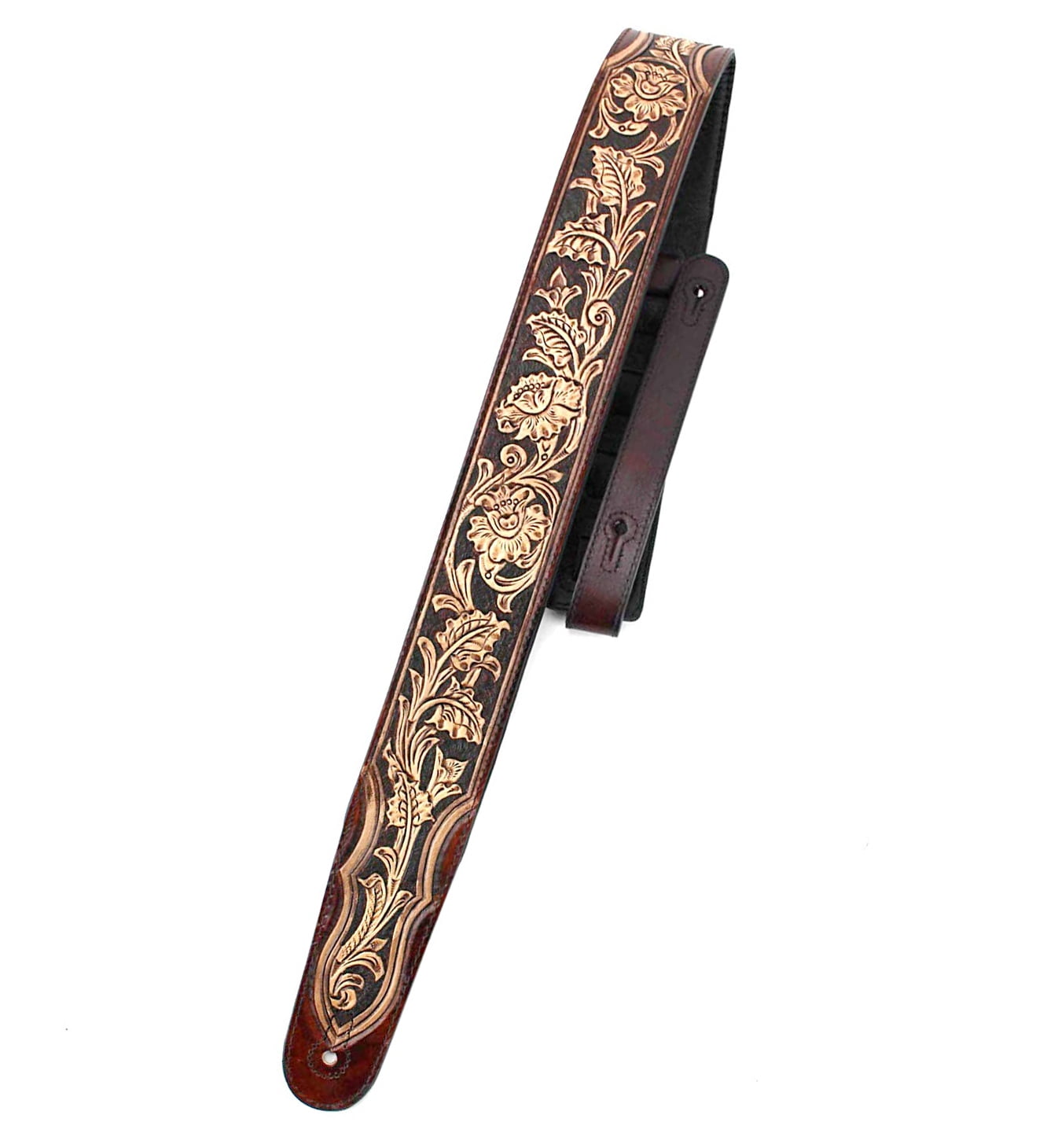 Walnut Brown Carving Leather Padded Guitar Strap With Hand Carved Traditional Western Tooling WW-KH-02-BRN
