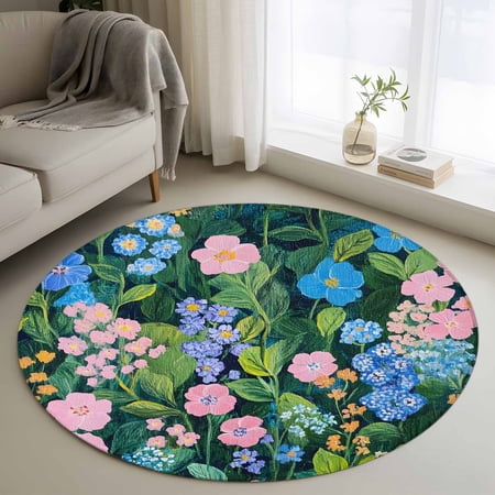 Washable Round Area Rug Spring Colorful Blossom Flower Circle Rugs Floor Carpet for Living Room Bedroom Floral Leaves Oil Painting Art Soft Non Slip Round Rug 4ft