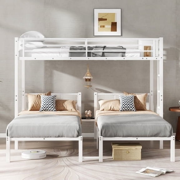 Twin over Twin & Twin Triple Bunk Bed for 3, Detachable Metal Bunk Bed Frame with Guardrails, Ladder and Shelf for Bedroom, Dorm, White