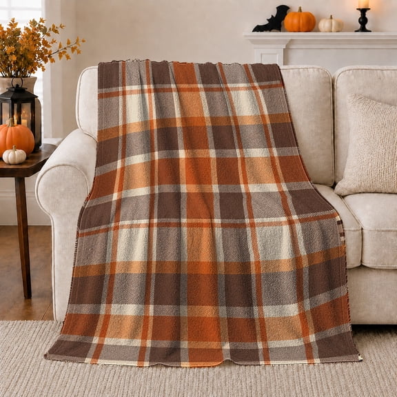Autumn Plaid, Festive autumn celebration Scene, Warm Flannel Blanket for Living Room and Family Room with Detailed Artwork, Art Lovers autumn celebration Gift, Festive Home Decor