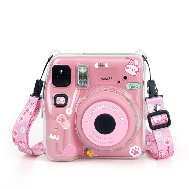 Kit de Rangement Photo - Étui Protecteur Transparent pour Instax Mini SE+ Sangle Réglable + Autocollants Décoratifs (Ensemble de 3 Pcs)