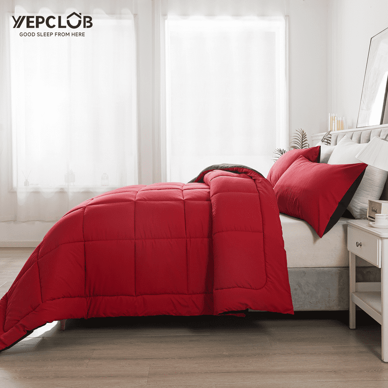Down Alternative Full Comforter Set, 3-Piece, Black and Red photo 4