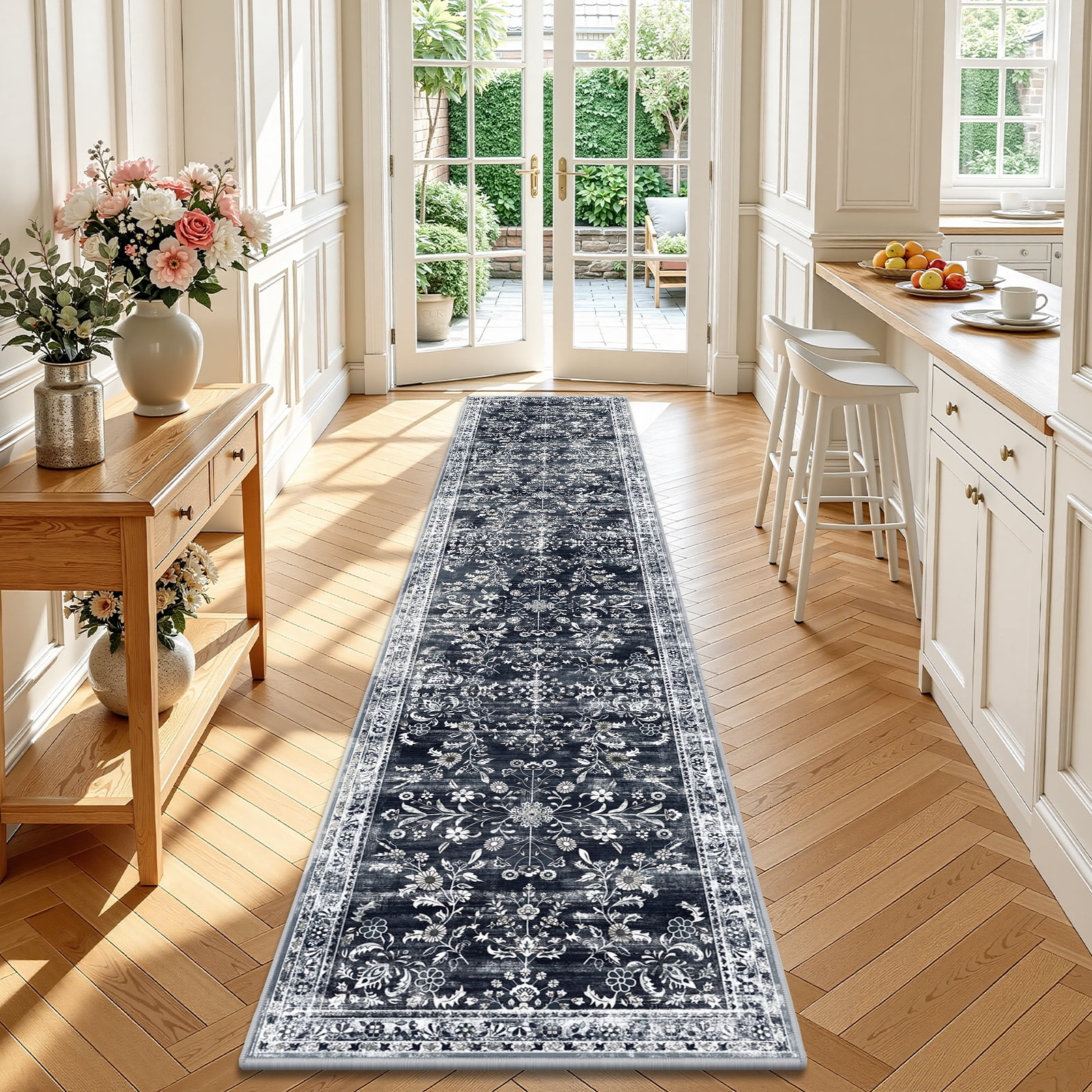 MJIAexp 2'x10' Boho Runner Rug,Non Slip Washable Floral Hallway Runner Rug with Rubber Backing, Low Pile Faux Wool Distressed Carpet for Kitchen, Laundry, Bedroom, Entrance,Black