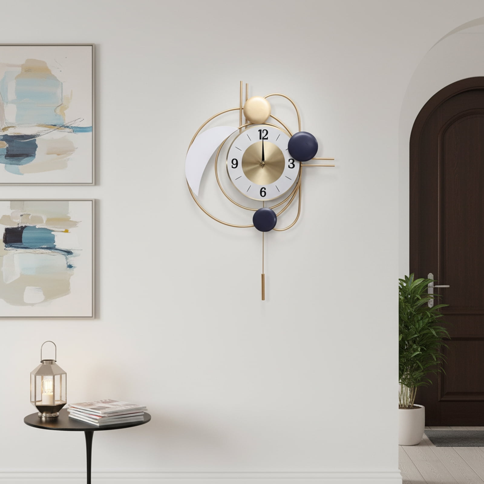 Gold Round Wall Decor Clock Silent Wall Clock Battery Powered Automatic Swing for Living Room Entrance Door