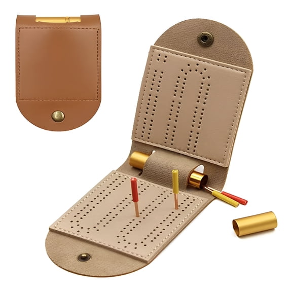 BESTSKY Leather Travel Cribbage Board Portable Game Set,with 2 Track Layout and 4 Copper Pegs,Outdoors Mini Coffee Table Cribbage (Brown)
