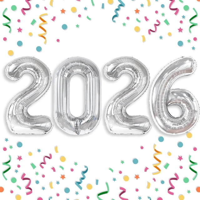Globos de aluminio Villorem 2026 plateados, 40 cm, feliz año nuevo, 4 unidades