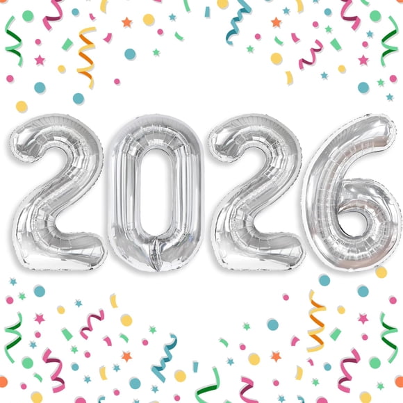 Globos de aluminio Villorem 2026 plateados, 40 cm, feliz año nuevo, 4 unidades