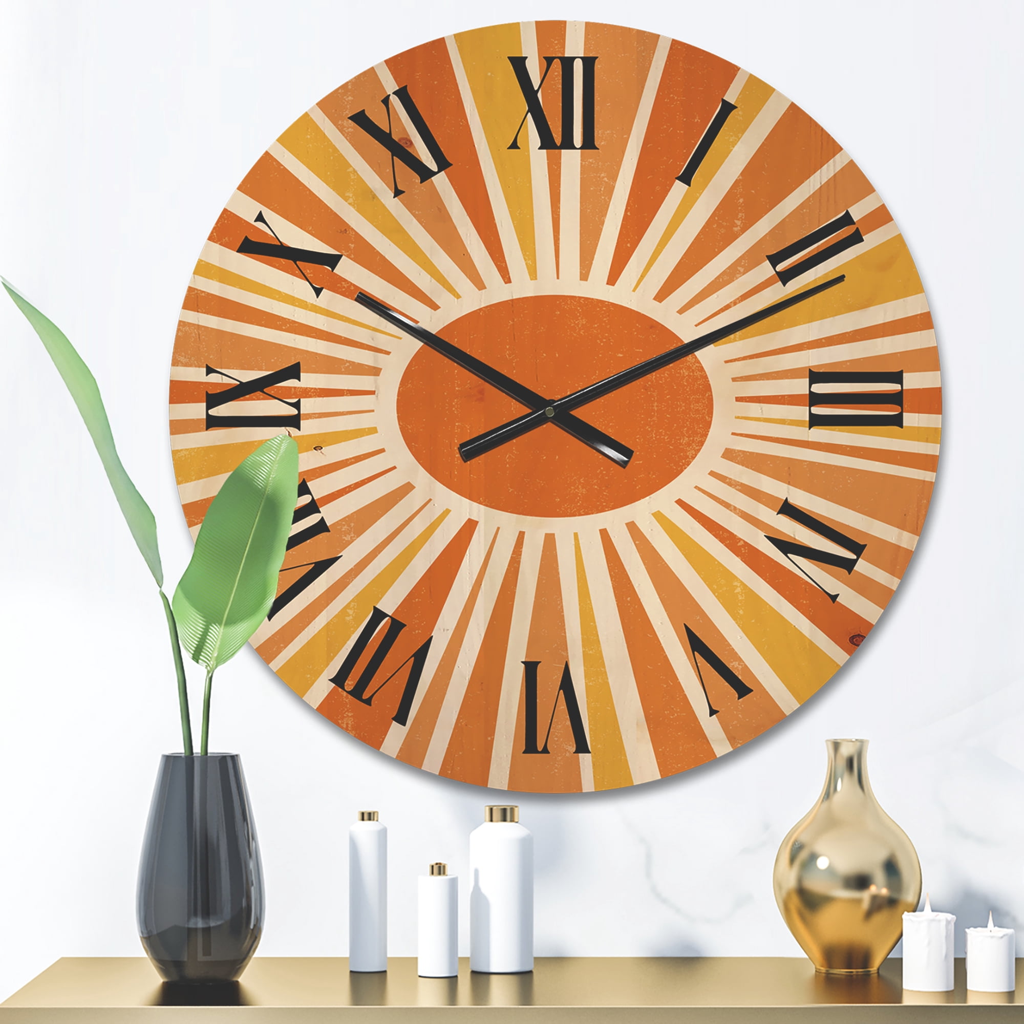 Designart 'Minimal Bright Shining Orange Sun Rays I' Modern Wood Wall Clock