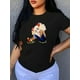 thumbnail image 2 of Camiseta con estampado de dibujos animados para mujer: cuello redondo, manga corta, tejido elástico, lavable a máquina, ideal para deportes de ocio., 2 of 5