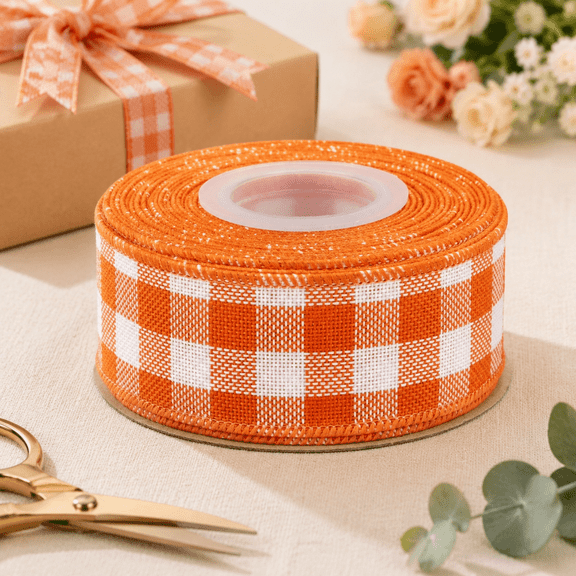 Wired Edge Checkered Burlap Ribbon Roll – 1.5 Inch x 10 Yard Orange White Buffalo Plaid Ribbon for Wreaths, Gift Wrapping, Christmas Decor, Home & Garden Crafts