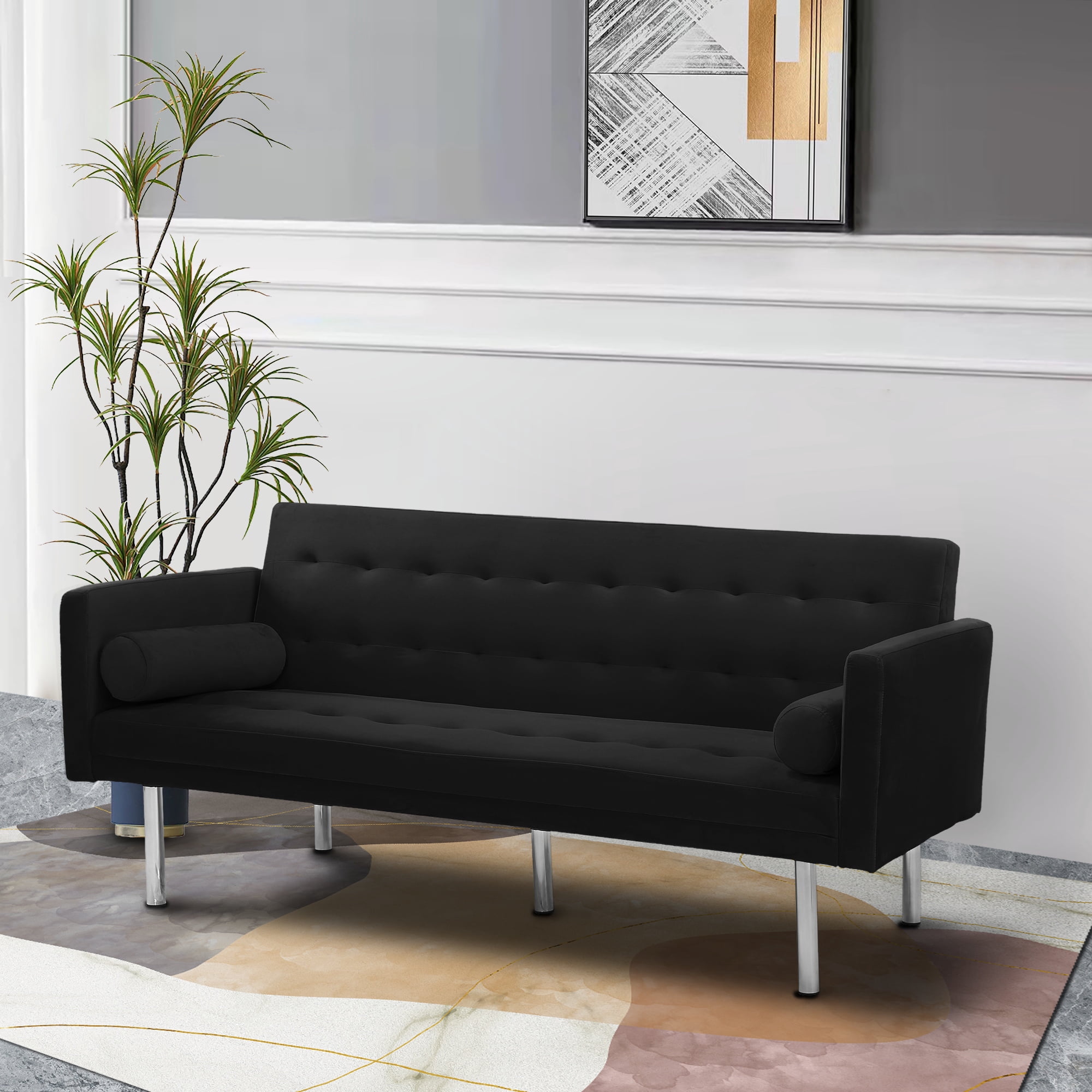 DEALTOPS Velvet Futon Sofa Bed Upholstered Convertible Sofa Couch, Recliner Modern Tufted Back Couch Lounge for&nbsp;Living Room - Black