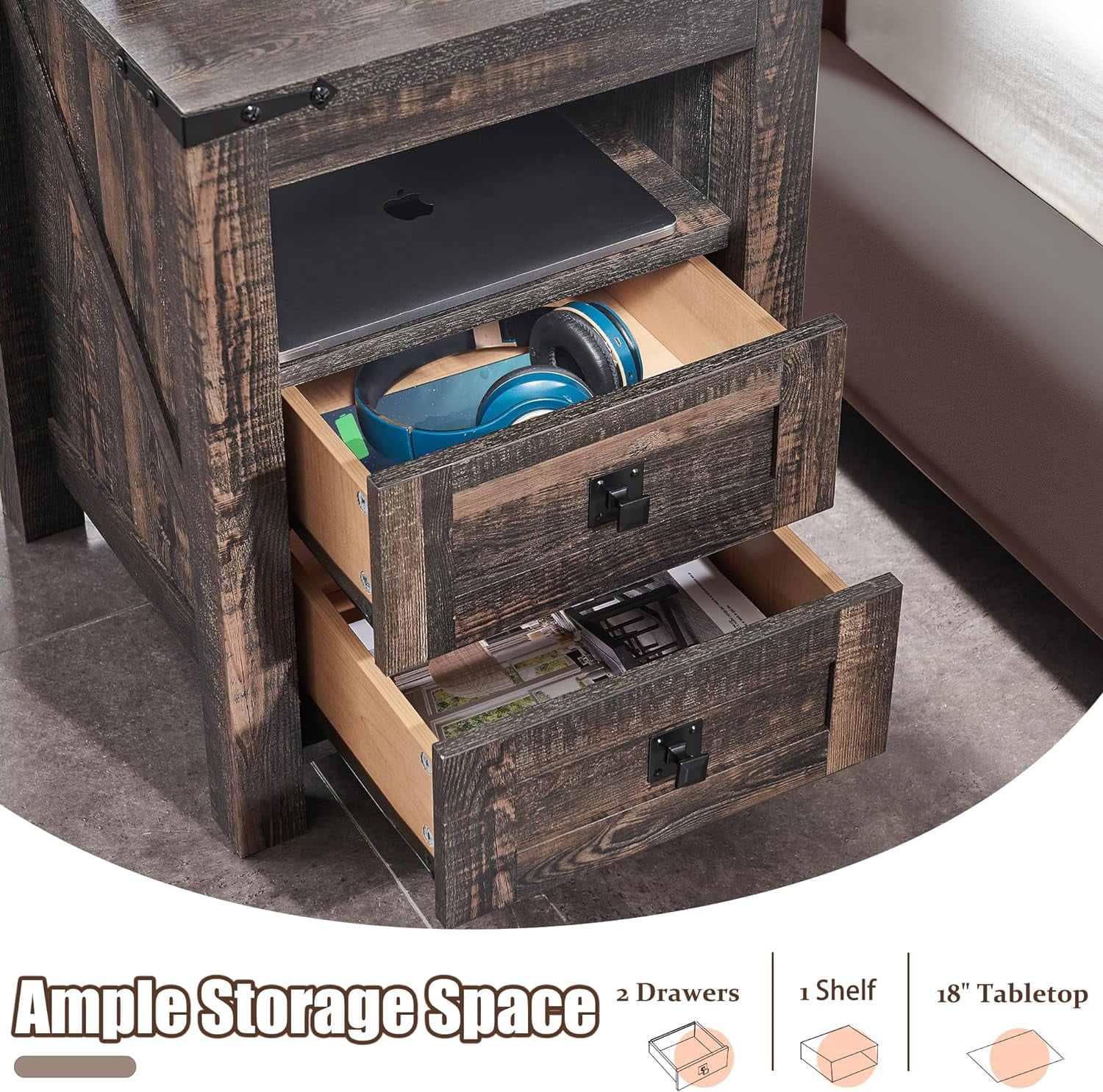 OKD Farmhouse Nightstand Set of 2 with Charging Station, 2-Drawer End Table, Dark Rustic Oak